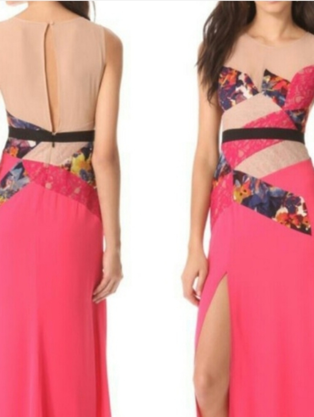 BCBG MAX AZRIA Lonnie Hot Pink Maxi Dress Lace Cutout Panel Open Back Evening - Picture 5 of 10